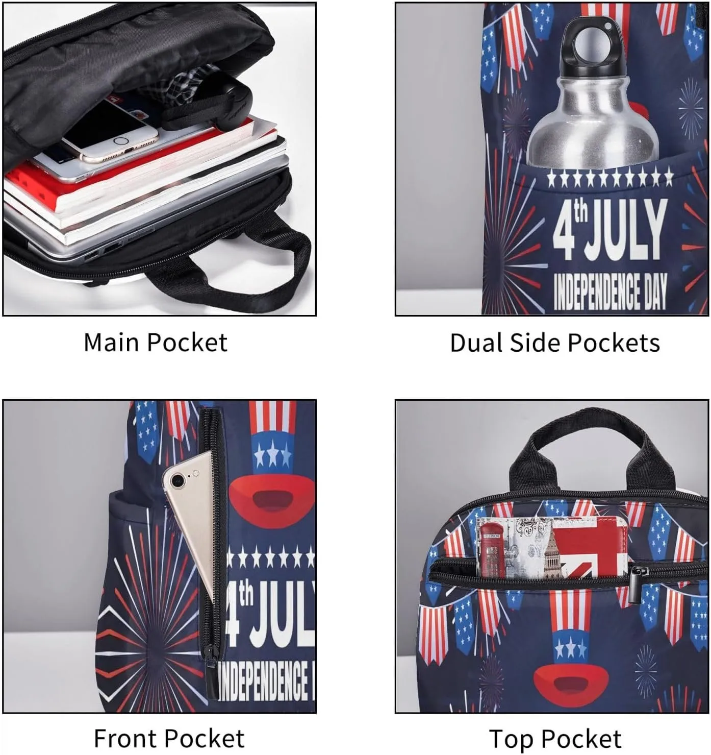 1776 American Independence Day American Flags Casual Backpacks Laptop Backpack Outdoor Travel Rucksack Sport Carry-On Daypack Lightweight Bag with Multi-Pockets