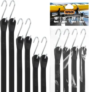 18PCS 10”,15”,21”,31”Rubber Bungee Cords with Hooks, Heavy Duty Black Bungee Straps Bungee Cords Outdoor, Crimped S Hooks for Cargo, Bikes, Camping Gear, Luggage - Max Stretch 1.8X, Load 180 lbs