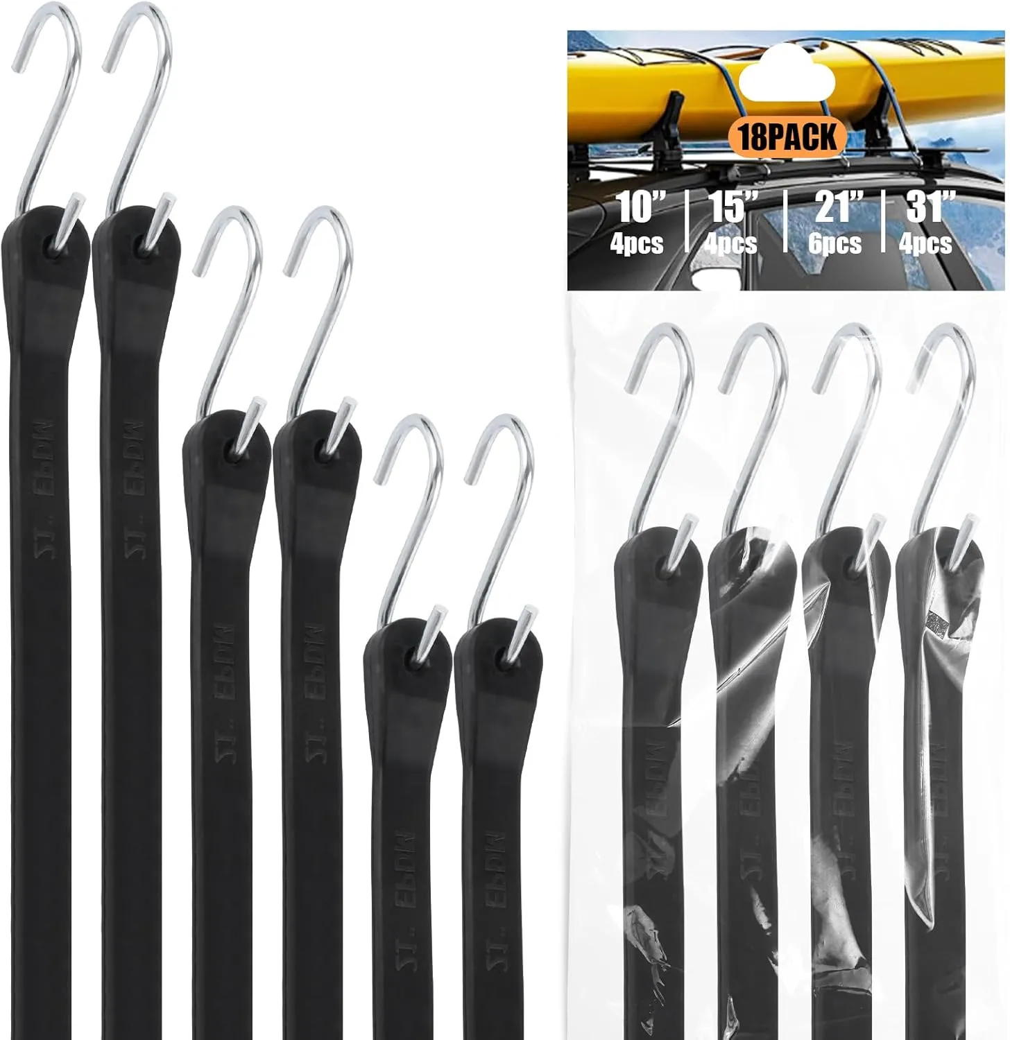 18PCS 10”,15”,21”,31”Rubber Bungee Cords with Hooks, Heavy Duty Black Bungee Straps Bungee Cords Outdoor, Crimped S Hooks for Cargo, Bikes, Camping Gear, Luggage - Max Stretch 1.8X, Load 180 lbs