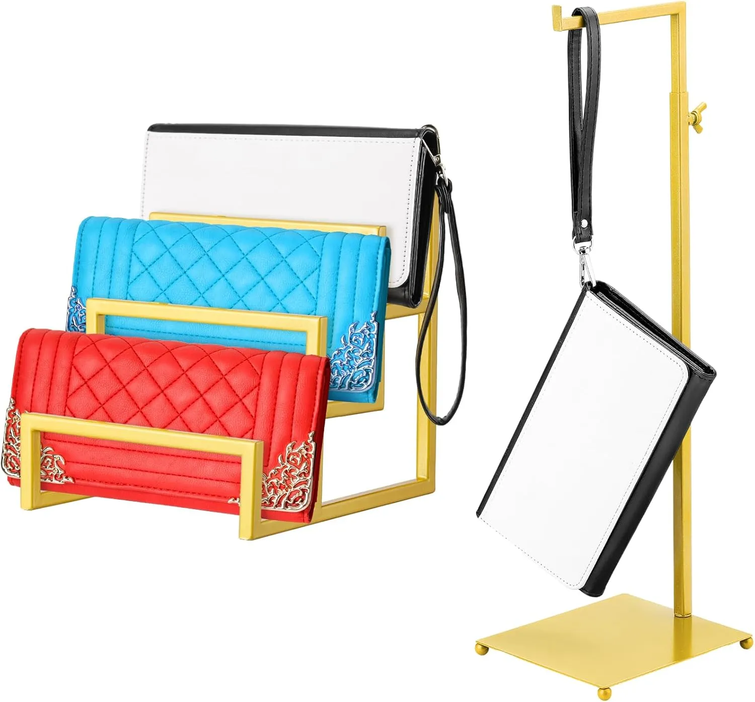 2 Pack 3 Layer Wallet Display Stand Gold Purse Display Rack Purse Organizer for Closet Adjustable Height Bag Holder Metal Riser Stand for Home Retail Boutique Store Supplies