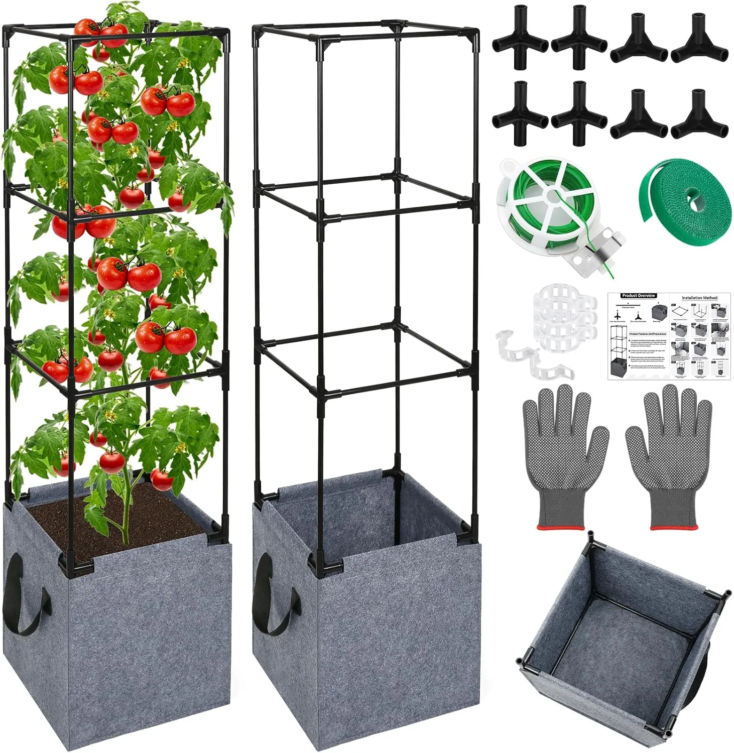 2 Pack Square Tomato Cages with Grow Bags, 42.5 Inch Stable Square Tomato Planter Support Stakes Kit for Garden, Tomato Cages Trellis Pots for Climbing Vertical Plants Vegetables Fruits Vines Flowers