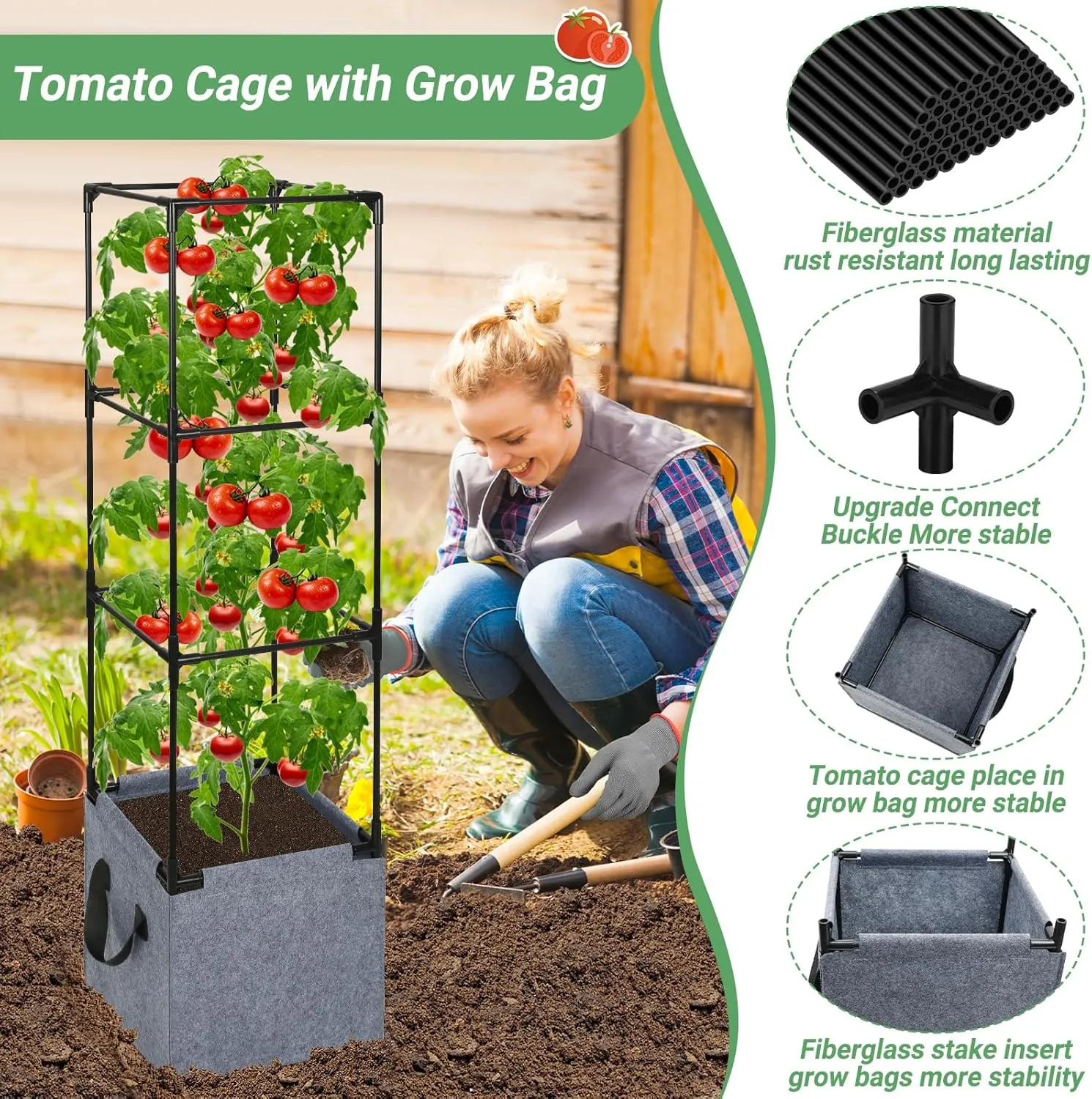 2 Pack Square Tomato Cages with Grow Bags, 42.5 Inch Stable Square Tomato Planter Support Stakes Kit for Garden, Tomato Cages Trellis Pots for Climbing Vertical Plants Vegetables Fruits Vines Flowers