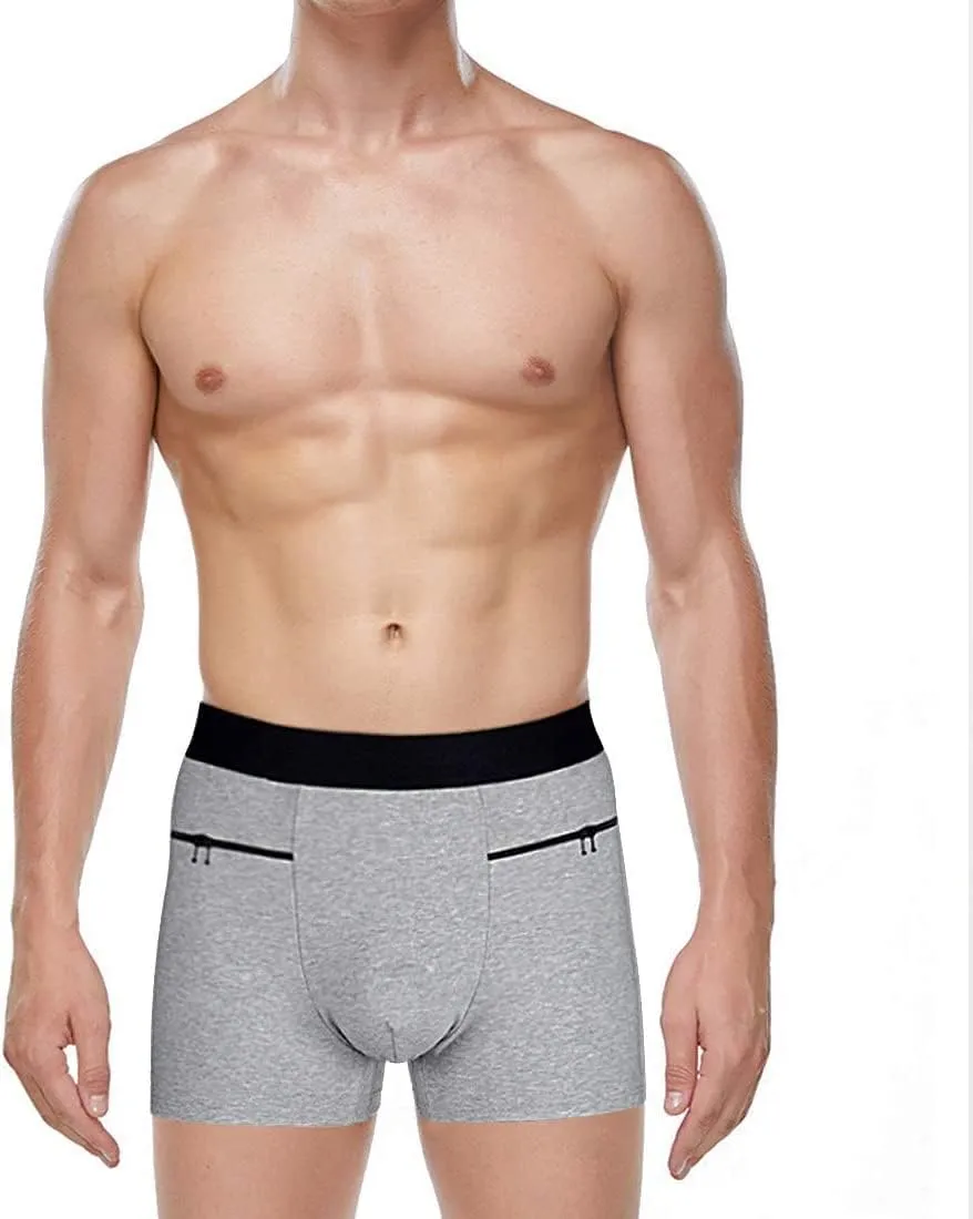 2 Packs Men's Boxer Briefs Secret Hidden Pocket, Travel Underwear with Secret Front Stash Pocket Panties (Gray)