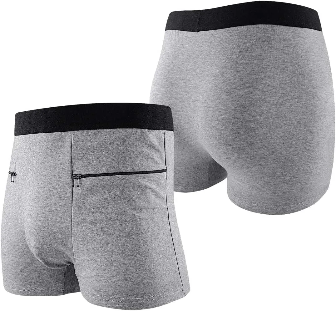 2 Packs Men's Boxer Briefs Secret Hidden Pocket, Travel Underwear with Secret Front Stash Pocket Panties (Gray)