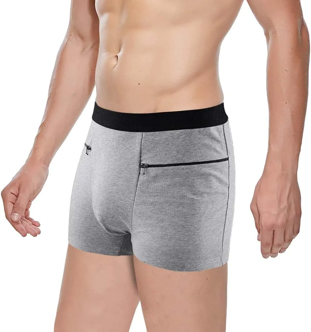 2 Packs Men's Boxer Briefs Secret Hidden Pocket, Travel Underwear with Secret Front Stash Pocket Panties (Gray)