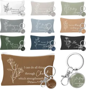 20 Pcs Inspirational Christian Cosmetic Bags for Women Religious Gifts Canvas Pencil Pouch Makeup Bags with Bible Verse Keychains for Travel Women Mother Mom Employee Gift