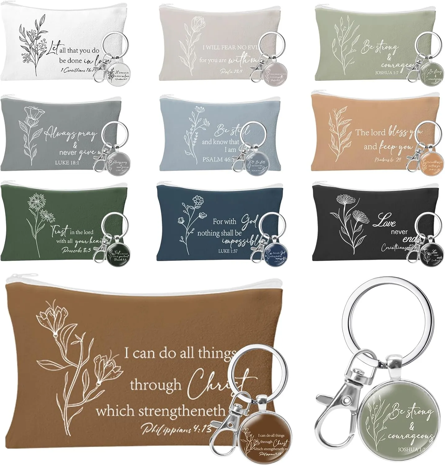 20 Pcs Inspirational Christian Cosmetic Bags for Women Religious Gifts Canvas Pencil Pouch Makeup Bags with Bible Verse Keychains for Travel Women Mother Mom Employee Gift