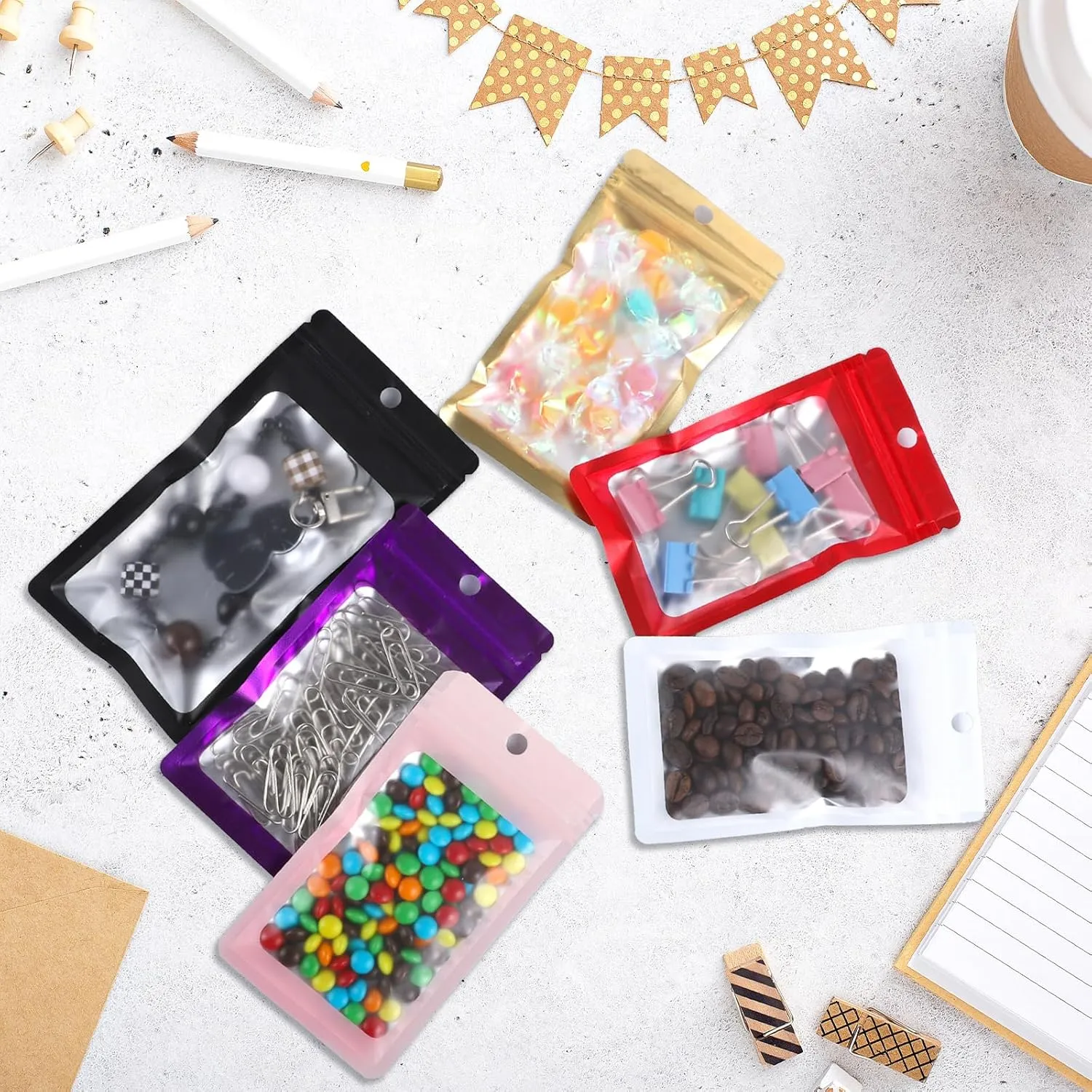 200 Pack Resealable Mylar Holographic Bags Food Storage Smell Proof Bags with Front Window Foil Packaging Pouch for Candy Sample Jewelry Small Business 4.13×5.91 Inch, Gold
