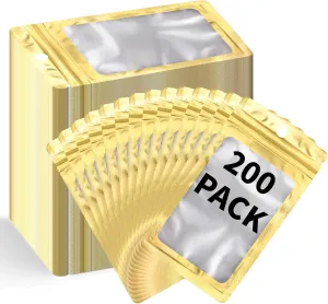 200 Pack Resealable Mylar Holographic Bags Food Storage Smell Proof Bags with Front Window Foil Packaging Pouch for Candy Sample Jewelry Small Business 4.13×5.91 Inch, Gold