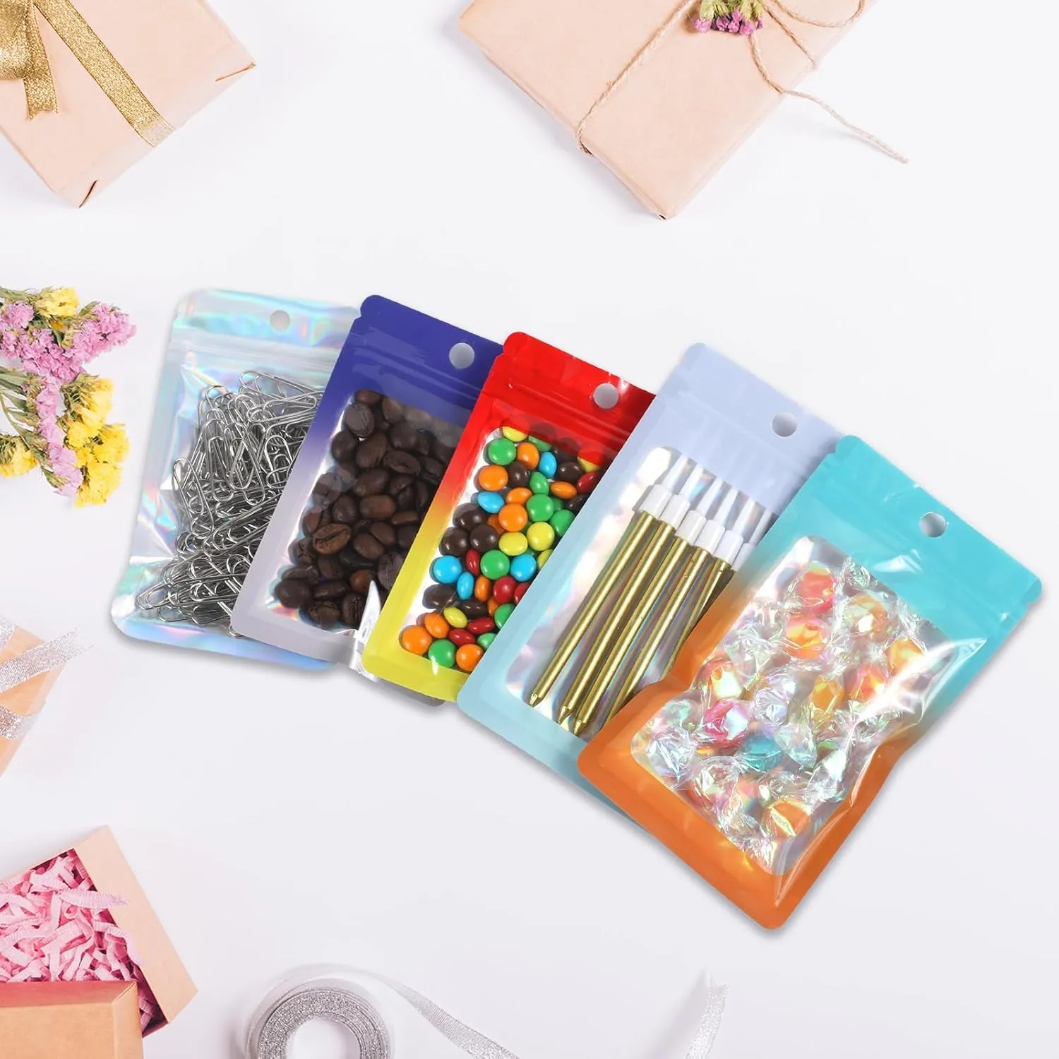 200 Pack Resealable Mylar Holographic Bags Food Storage Smell Proof Bags with Front Window Foil Packaging Pouch for Candy Sample Jewelry Small Business 4.13×5.91 Inch, Gold