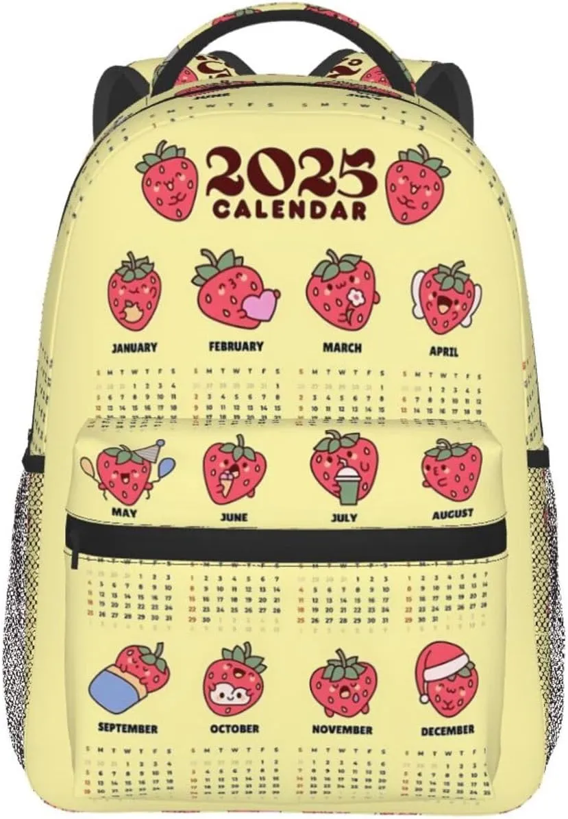 2025 Yearly Calendar Strawberry Casual Backpack Sport Backpacks Work Travel Rucksack Lightweight Laptop Daypack Adjustable Straps Bags with Pockets for Cycling Hiking