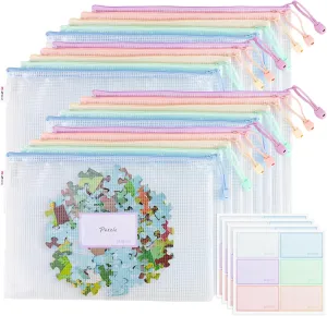 20pcs Mesh Zipper Pouch Bags File Puzzle Storage Bags, A4 Zipper Bags for Organizing Storage, Waterproof Zipper Pouches with Label Pocket, Board Games and Office Supplies (Macaroon Colors)
