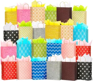 24 Pack 13" Large Kraft Paper Gift Bags Assortment with Tissue Paper & Handles, 12 Unique Solid & Geometric Pattern Designs for Birthdays, Anniversary, Father's Day, Holidays and Other Occasions