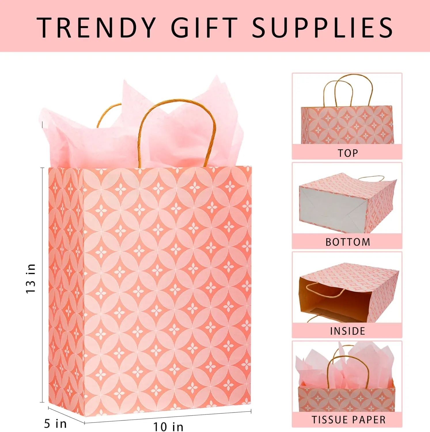 24 Pack 13" Large Kraft Paper Gift Bags Assortment with Tissue Paper & Handles, 12 Unique Solid & Geometric Pattern Designs for Birthdays, Anniversary, Father's Day, Holidays and Other Occasions