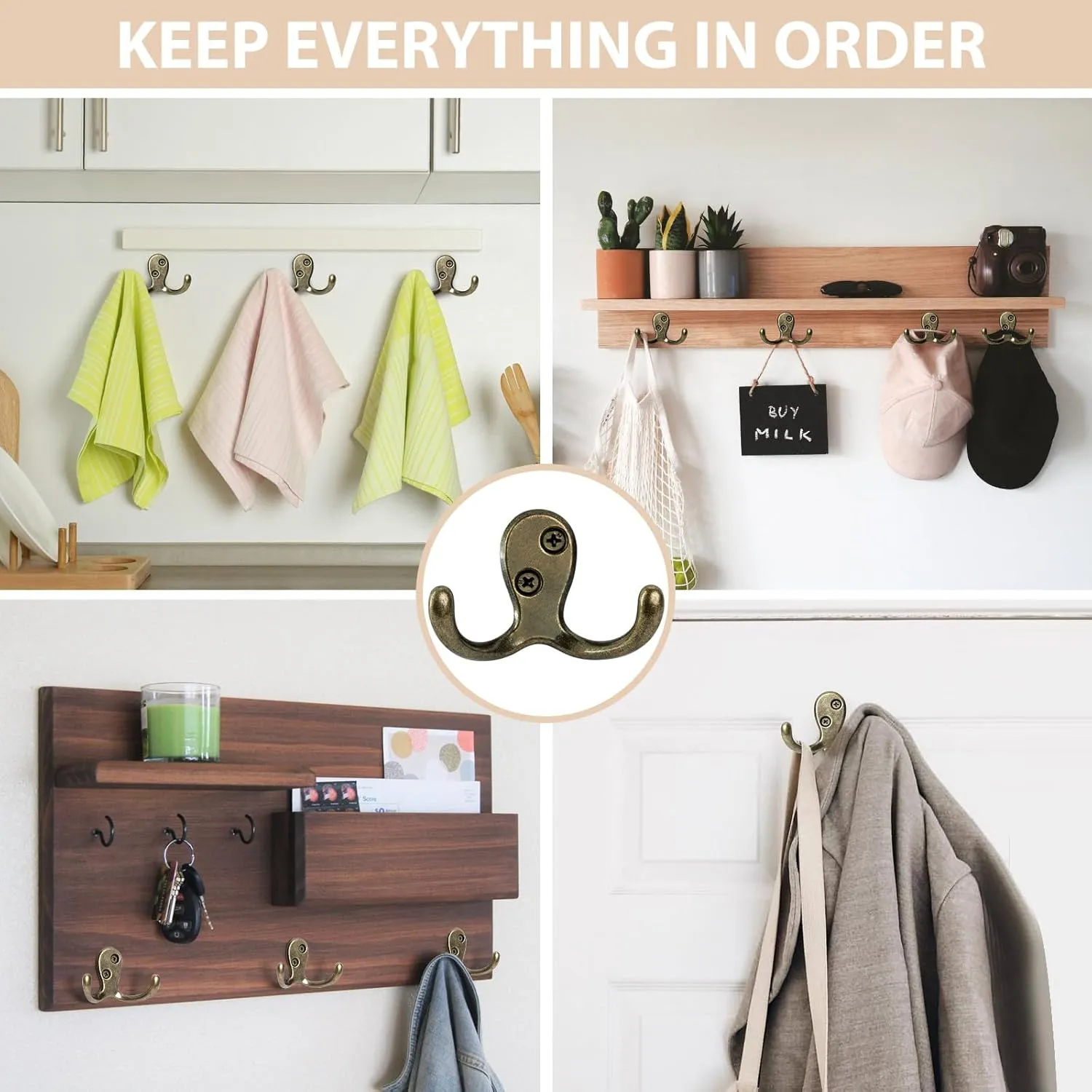 24 Pack Coat Hooks, Heavy Duty Double Prong Coat Hooks Wall Mounted with 48 Screws, No Rust Antique Brass Metal Wall Hooks for Hanging Towel, Coat, Bag, Hat, Cup, Key