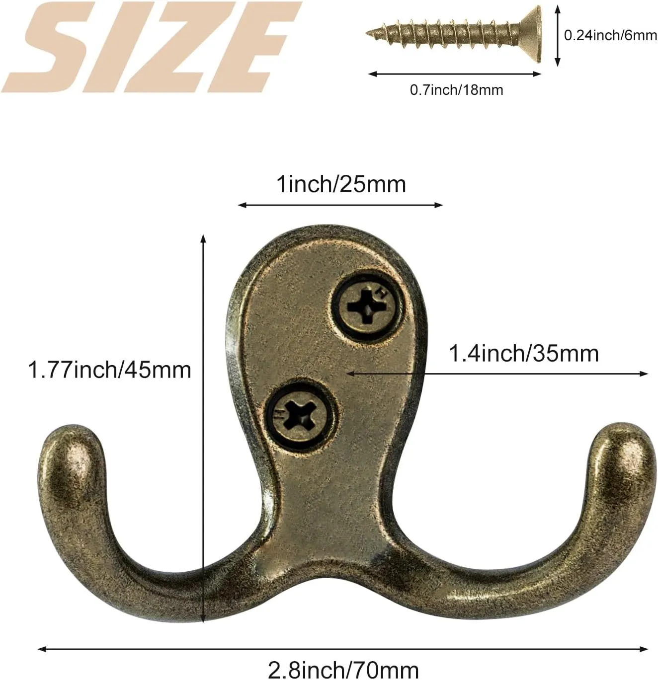 24 Pack Coat Hooks, Heavy Duty Double Prong Coat Hooks Wall Mounted with 48 Screws, No Rust Antique Brass Metal Wall Hooks for Hanging Towel, Coat, Bag, Hat, Cup, Key