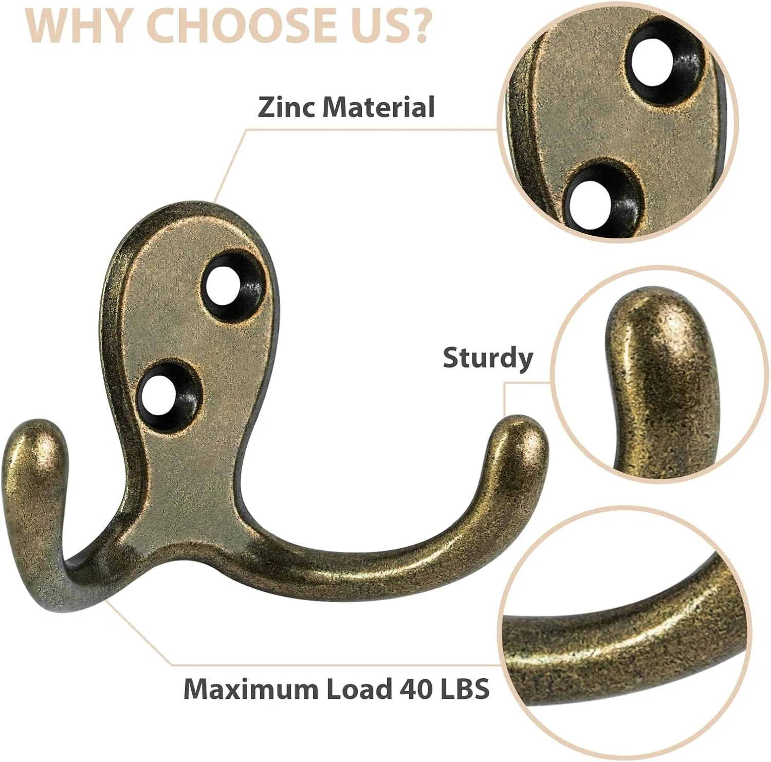 24 Pack Coat Hooks, Heavy Duty Double Prong Coat Hooks Wall Mounted with 48 Screws, No Rust Antique Brass Metal Wall Hooks for Hanging Towel, Coat, Bag, Hat, Cup, Key