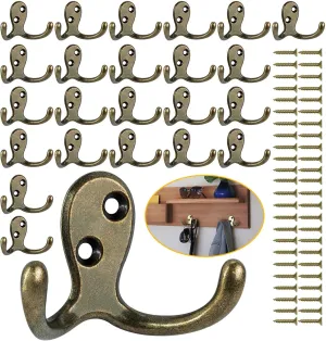 24 Pack Coat Hooks, Heavy Duty Double Prong Coat Hooks Wall Mounted with 48 Screws, No Rust Antique Brass Metal Wall Hooks for Hanging Towel, Coat, Bag, Hat, Cup, Key