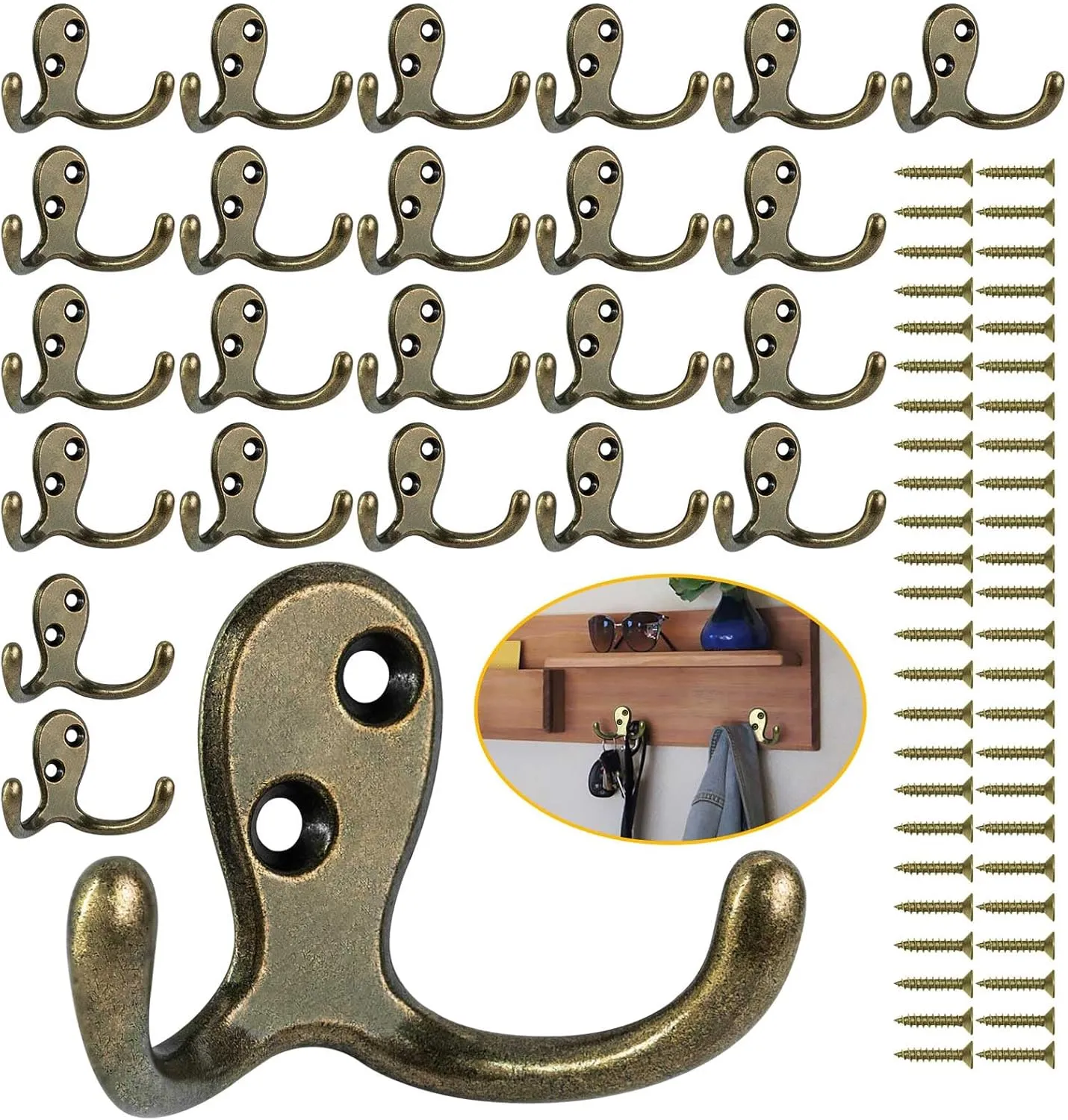 24 Pack Coat Hooks, Heavy Duty Double Prong Coat Hooks Wall Mounted with 48 Screws, No Rust Antique Brass Metal Wall Hooks for Hanging Towel, Coat, Bag, Hat, Cup, Key