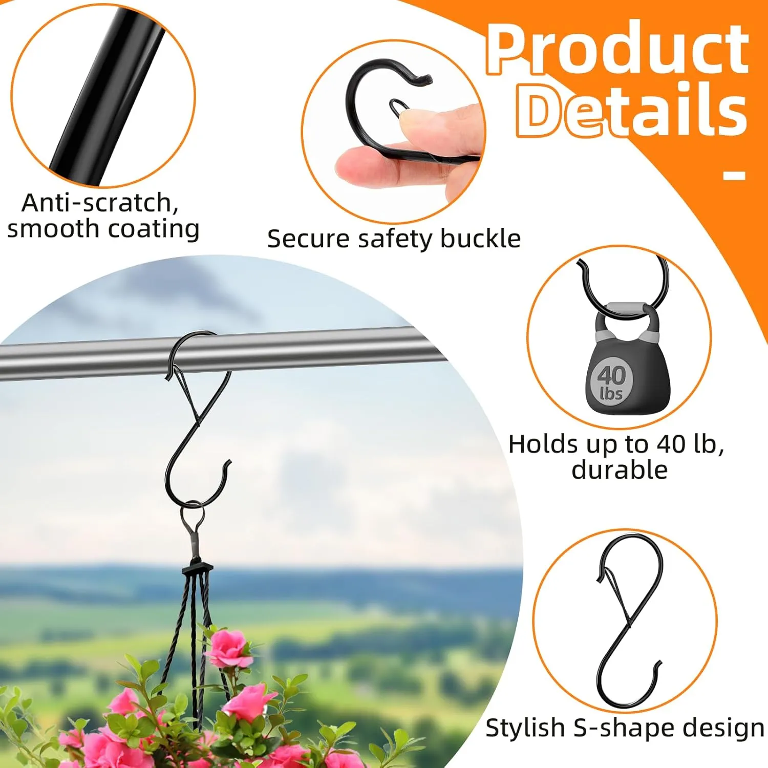 24 Pack S Hooks - 3.5 Inch Heavy Duty Metal Plant & Kitchen Hooks with Safety Buckle for Hanging Plants, Clothes, Bags & Pans