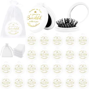 24 Pcs Inspirational Compact Mirror Hair Brush Bulk Inspirational Gifts for Women Sometimes You Forget You're Beautiful Round Mirror Pocket Hair Brush Gifts for Women Teacher Friends Employee Coworker