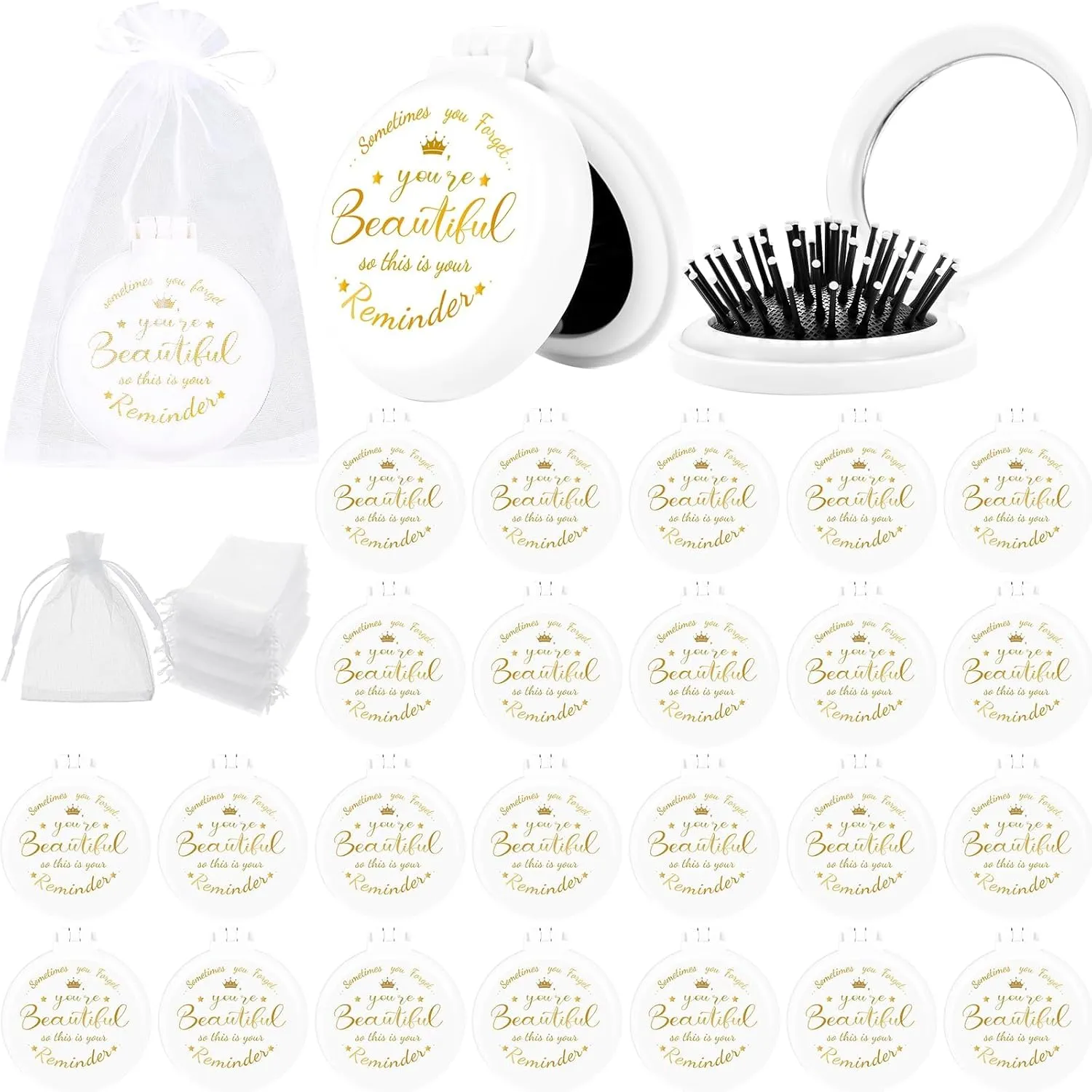 24 Pcs Inspirational Compact Mirror Hair Brush Bulk Inspirational Gifts for Women Sometimes You Forget You're Beautiful Round Mirror Pocket Hair Brush Gifts for Women Teacher Friends Employee Coworker