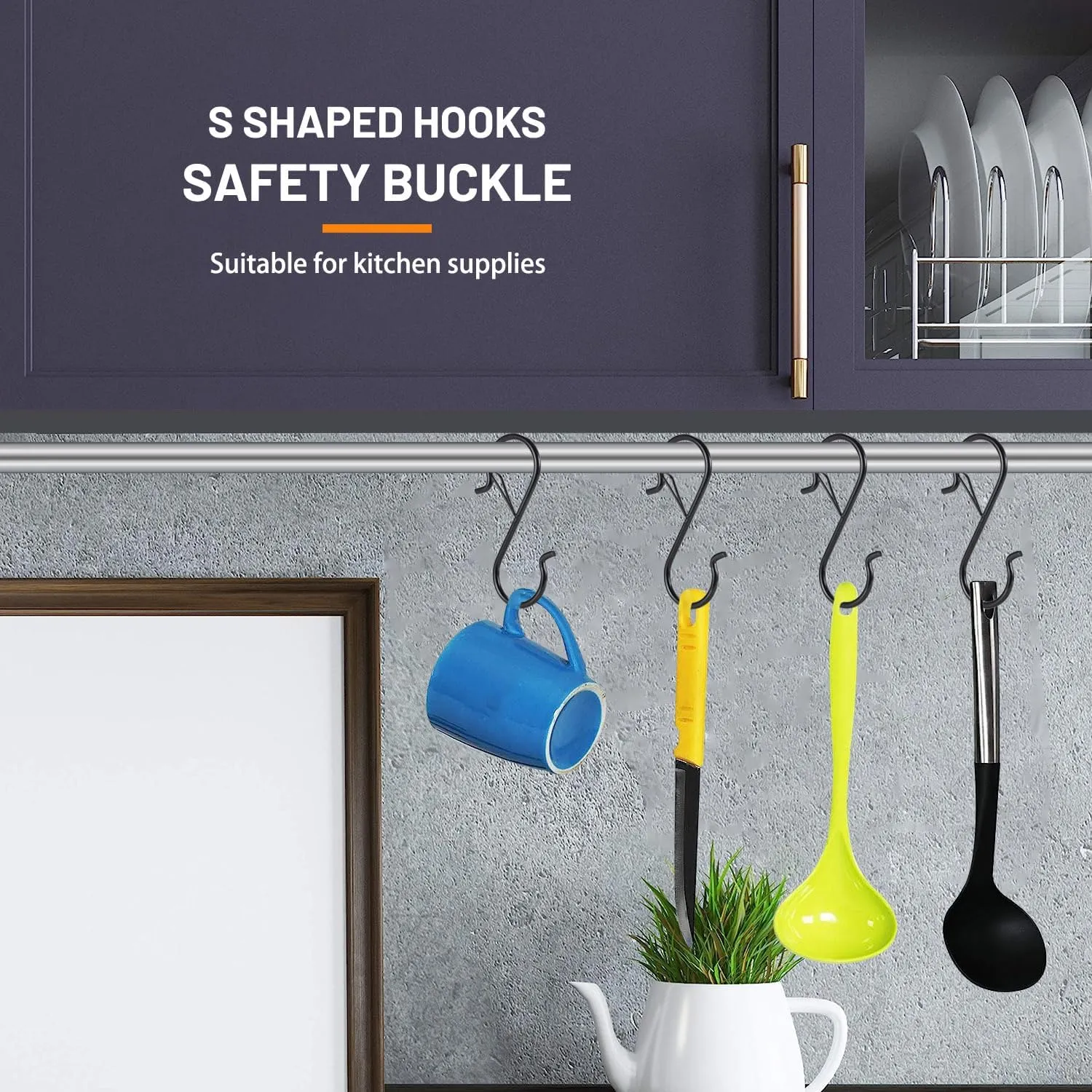 24 PCS S Hooks for Hanging with Safety Buckle, 3.5 inch Heavy Duty Metal S Shaped Hooks for Kitchen Utensil, Cups, Pots, Plants, Bags, Hats (Black)