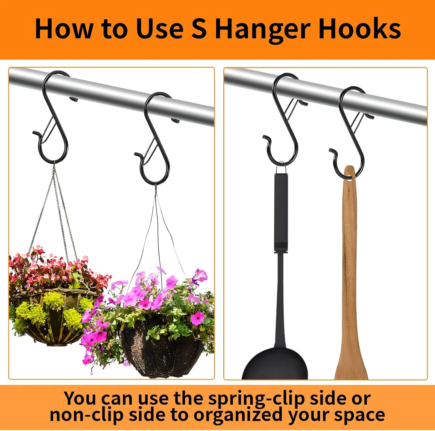 24 PCS S Hooks for Hanging with Safety Buckle, 3.5 inch Heavy Duty Metal S Shaped Hooks for Kitchen Utensil, Cups, Pots, Plants, Bags, Hats (Black)