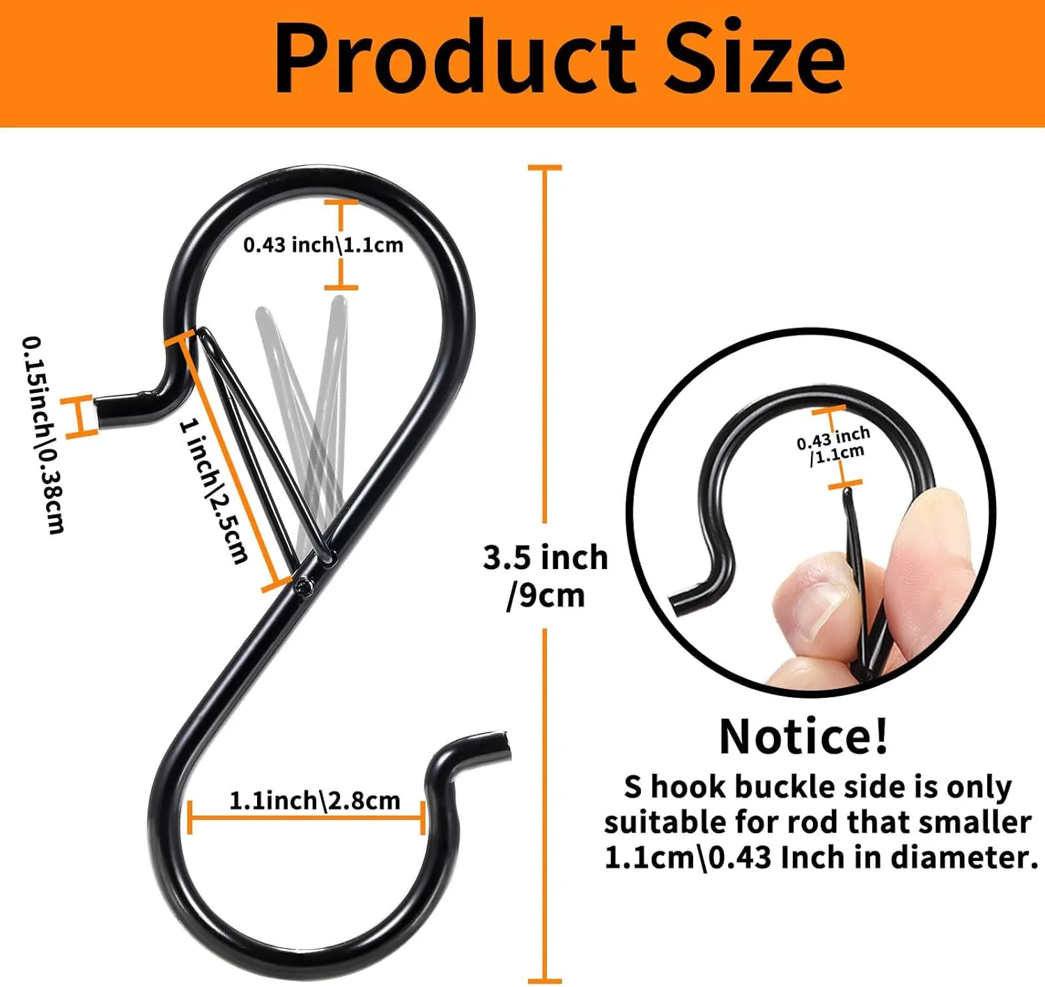 24 PCS S Hooks for Hanging with Safety Buckle, 3.5 inch Heavy Duty Metal S Shaped Hooks for Kitchen Utensil, Cups, Pots, Plants, Bags, Hats (Black)