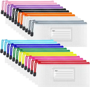 24pcs Small Mesh Zipper Pouch 9.3x4.7 Inches Pencil Pouch Bags, Small Mesh Bag with Label Pocket for School & Office Supplies, Plastic Zip Bill Bags for Home Travel Storage & Organizing