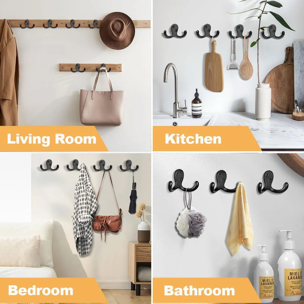 25 Pack Coat Hooks Wall Hooks for Hanging, Heavy Duty Double Prong Metal Hook Wall Mounted for Living Room, Bathroom, Kitchen, Bedroom for Coat, Bag, Scarf, Towel, Hat, Key, Cup (Black)