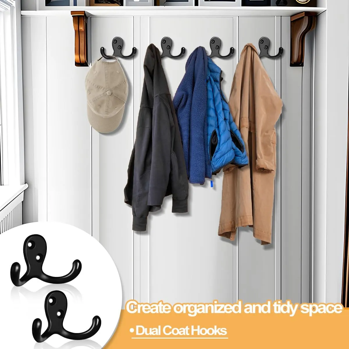 25 Pack Coat Hooks Wall Hooks for Hanging, Heavy Duty Double Prong Metal Hook Wall Mounted for Living Room, Bathroom, Kitchen, Bedroom for Coat, Bag, Scarf, Towel, Hat, Key, Cup (Black)