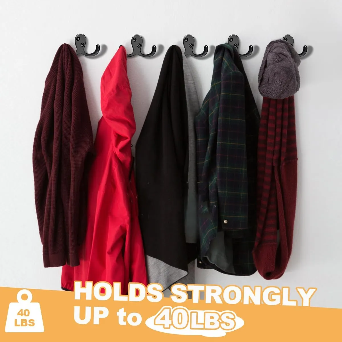 25 Pack Coat Hooks Wall Hooks for Hanging, Heavy Duty Double Prong Metal Hook Wall Mounted for Living Room, Bathroom, Kitchen, Bedroom for Coat, Bag, Scarf, Towel, Hat, Key, Cup (Black)