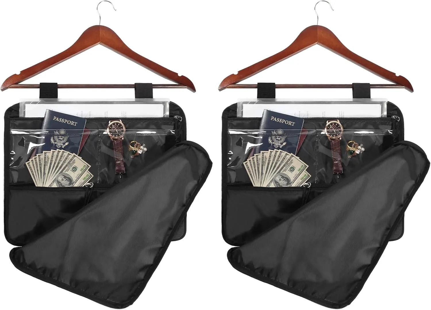2Pack Hanger Diversion Safe Bag with Zipper, Jewelry & Cash Safe, Secret Under Clothes Storage for Home or Travel - BLACK