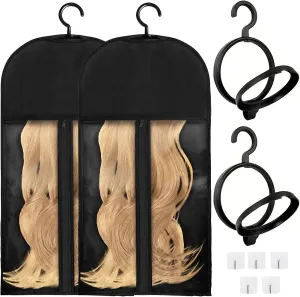2Packs Hanging Wig Stand, Plastic Wigs Holders 2Packs Wig Storage Bags Dust-proof Wig Bags With Hanger With Clear Zipper Closure for Multiple Wigs Hats and Hair Extensions Accessories (Black stand-Black bag)