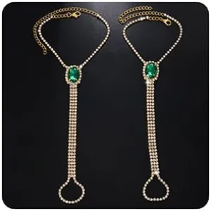 2pcs Boho Barefoot Gold Anklet with Toe Ring for Sandals Green Emerald Rhinestones Chains with Toe Ring Foot Bracelet Wedding Ankle Chain