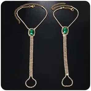 2pcs Boho Barefoot Gold Anklet with Toe Ring for Sandals Green Emerald Rhinestones Chains with Toe Ring Foot Bracelet Wedding Ankle Chain
