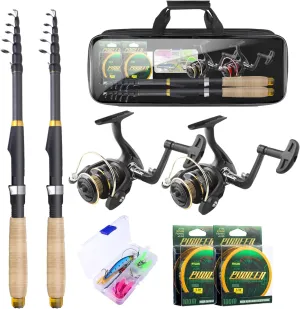 2PCS Fishing Rod and Reel Combos,Telescopic Fishing Pole Spinning Reels Sets, Collapsible Fishing Rod Full Kit with Carrier Bag for Travel Saltwater Freshwater Fishing Poles