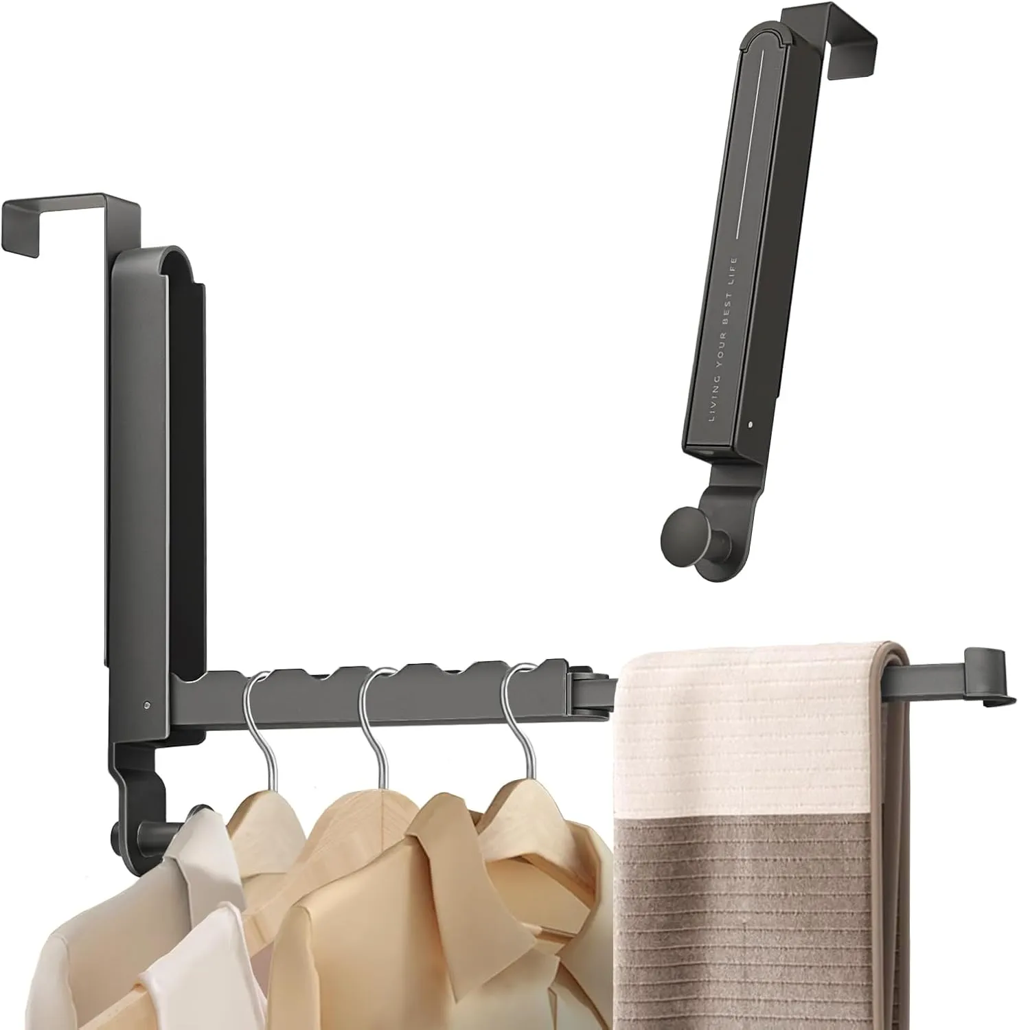 2Pcs Over The Door Hooks Hanger Foldable, Portable The Door Hanger for Travel, Wall Mounted Over The Door Drying Rack with Retractable Rod for Bedroom Bathroom Laundry (Space Grey)