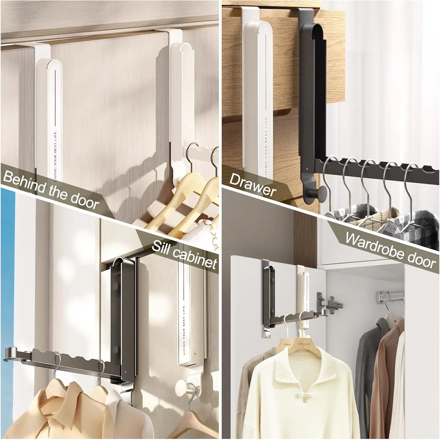 2Pcs Over The Door Hooks Hanger Foldable, Portable The Door Hanger for Travel, Wall Mounted Over The Door Drying Rack with Retractable Rod for Bedroom Bathroom Laundry (Space Grey)
