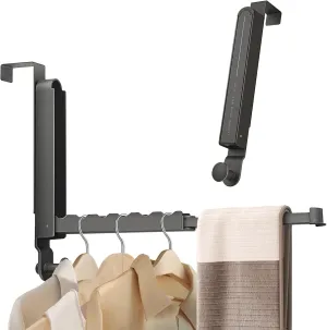 2Pcs Over The Door Hooks Hanger Foldable, Portable The Door Hanger for Travel, Wall Mounted Over The Door Drying Rack with Retractable Rod for Bedroom Bathroom Laundry (Space Grey)