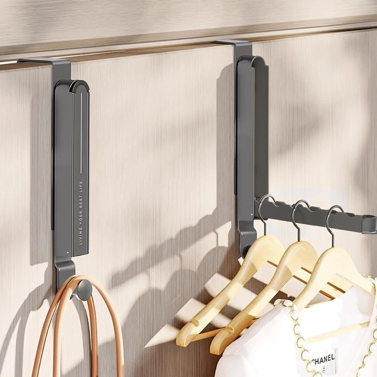 2Pcs Over The Door Hooks Hanger Foldable, Portable The Door Hanger for Travel, Wall Mounted Over The Door Drying Rack with Retractable Rod for Bedroom Bathroom Laundry (Space Grey)