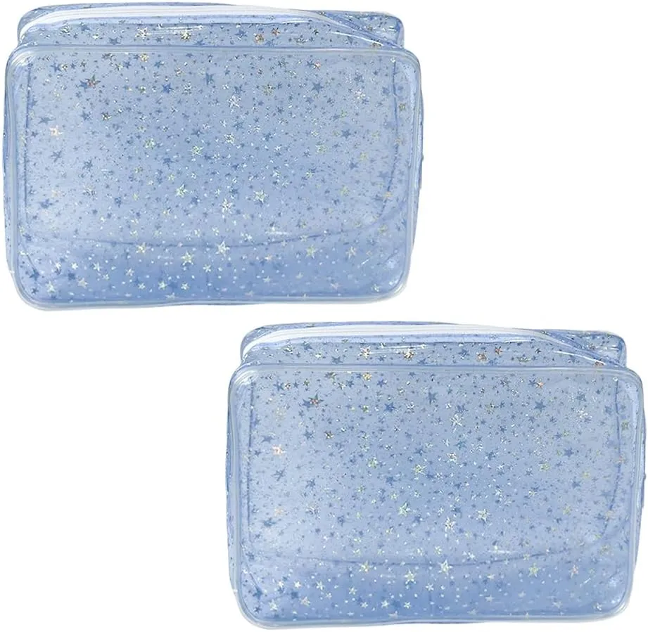 2PCS Transparent White Star Cosmetic Bag, Measuring 9.84 * 2.36 * 7.08 inches, Washing Storage Pouches for Travel and Daily Life (White star-2pcs)