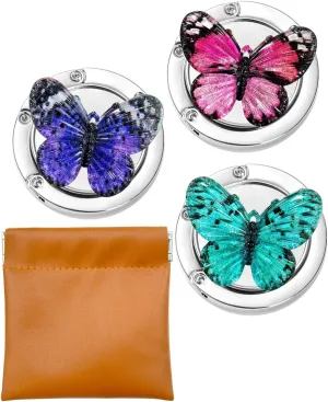 3 Pack Butterfly Foldable Handbag Hanger Holder, Folding Hooks for Womens Bag Purse Table Hook, Space Saving Colorful Decor Hook