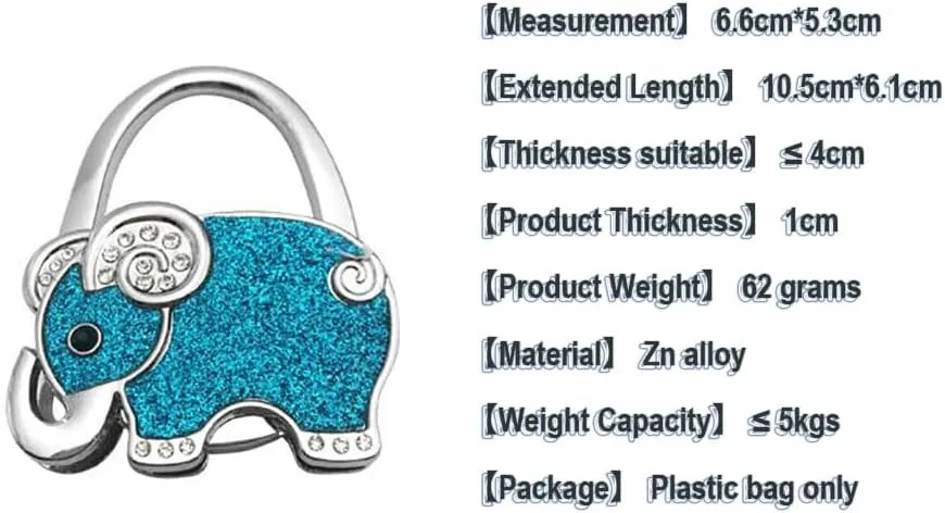 [3 Pack] Foldable Purse Hanger Portable Handbag Hook Table Hanger Bling Bling Elephant Shape 5 Colors Anti Sliding Foam Back (Grey)