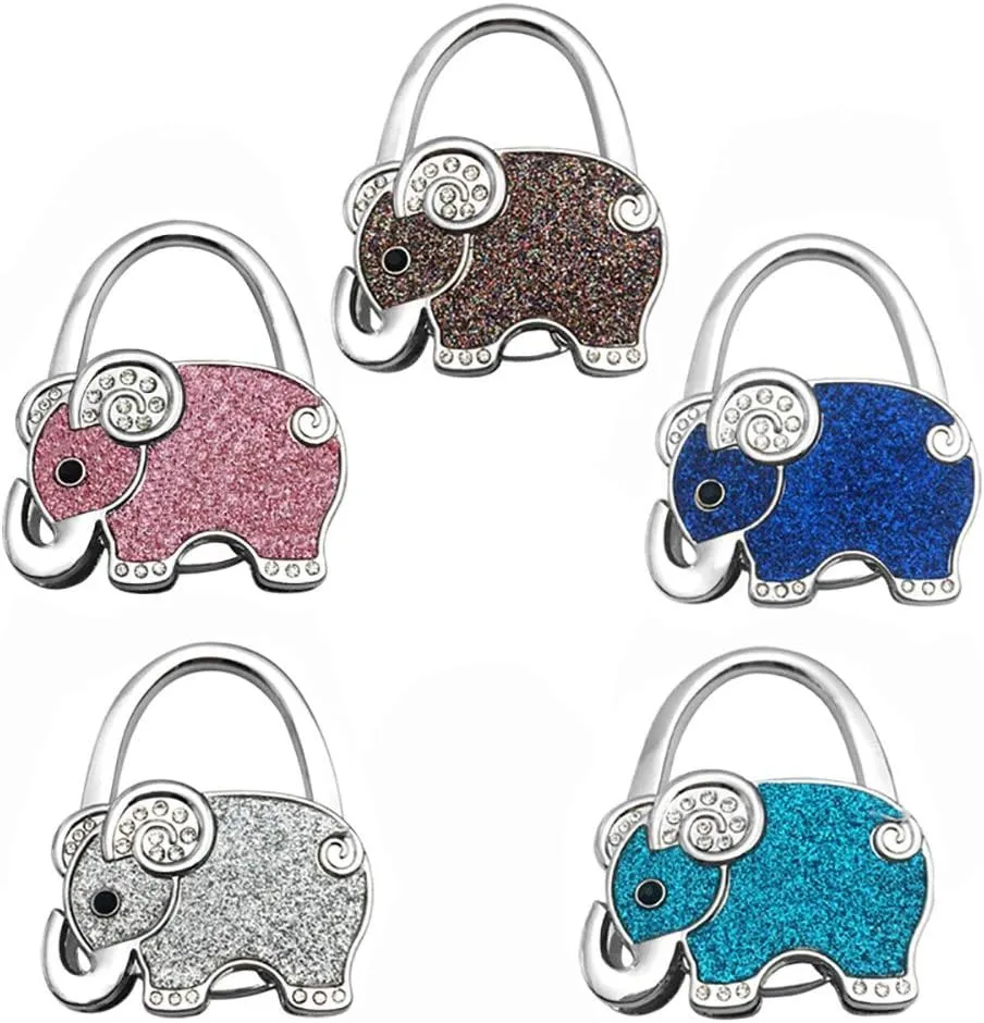 [3 Pack] Foldable Purse Hanger Portable Handbag Hook Table Hanger Bling Bling Elephant Shape 5 Colors Anti Sliding Foam Back (Grey)