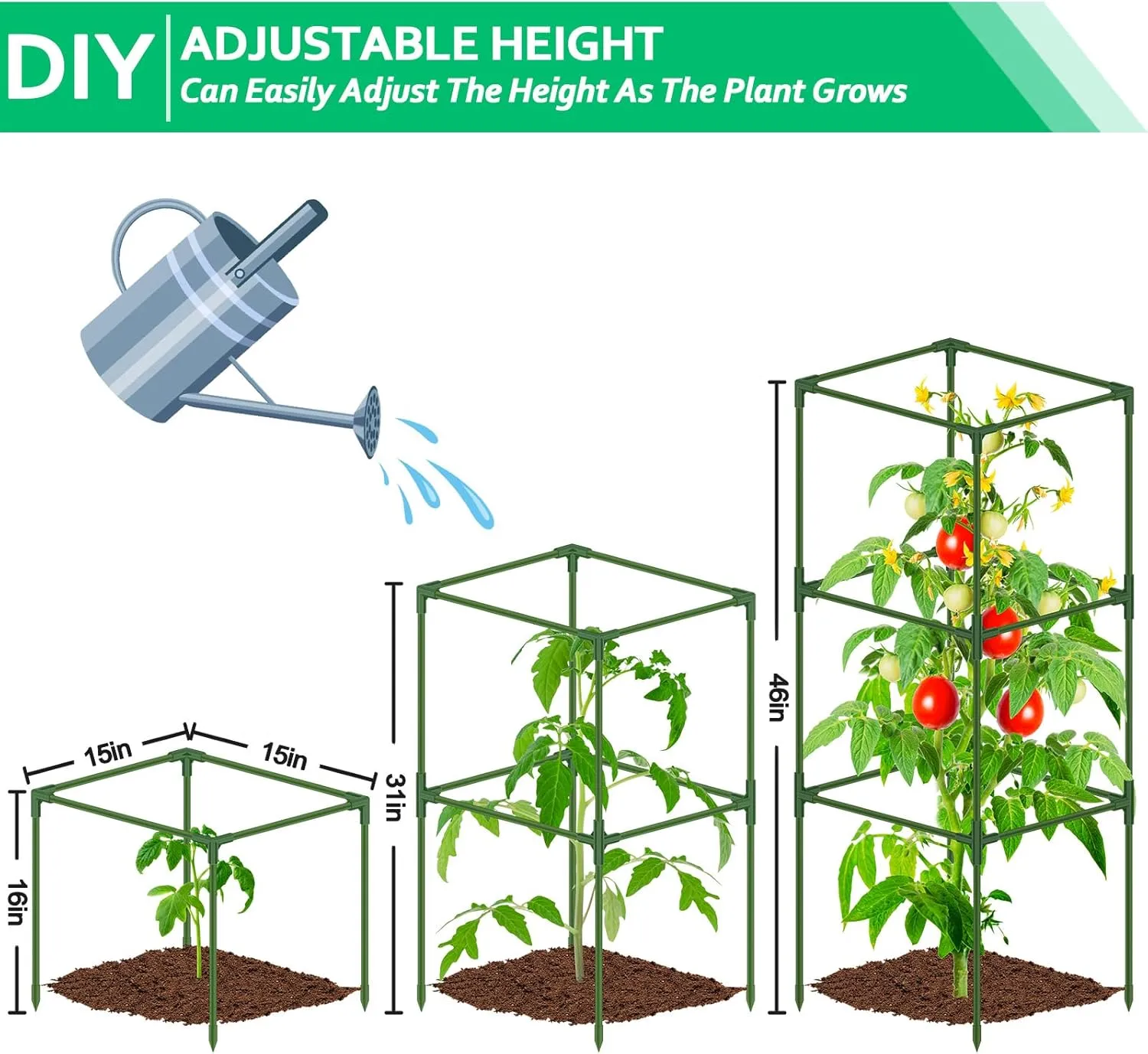 3 Pack Square Tomato Cages with 17 Gallon Grow Bags, 46'' Upgraded Heavy Duty Steel Garden Plant Support Stakes Kit, Flowers Vegetable Trellis for Vertical Climbing Plants Vines