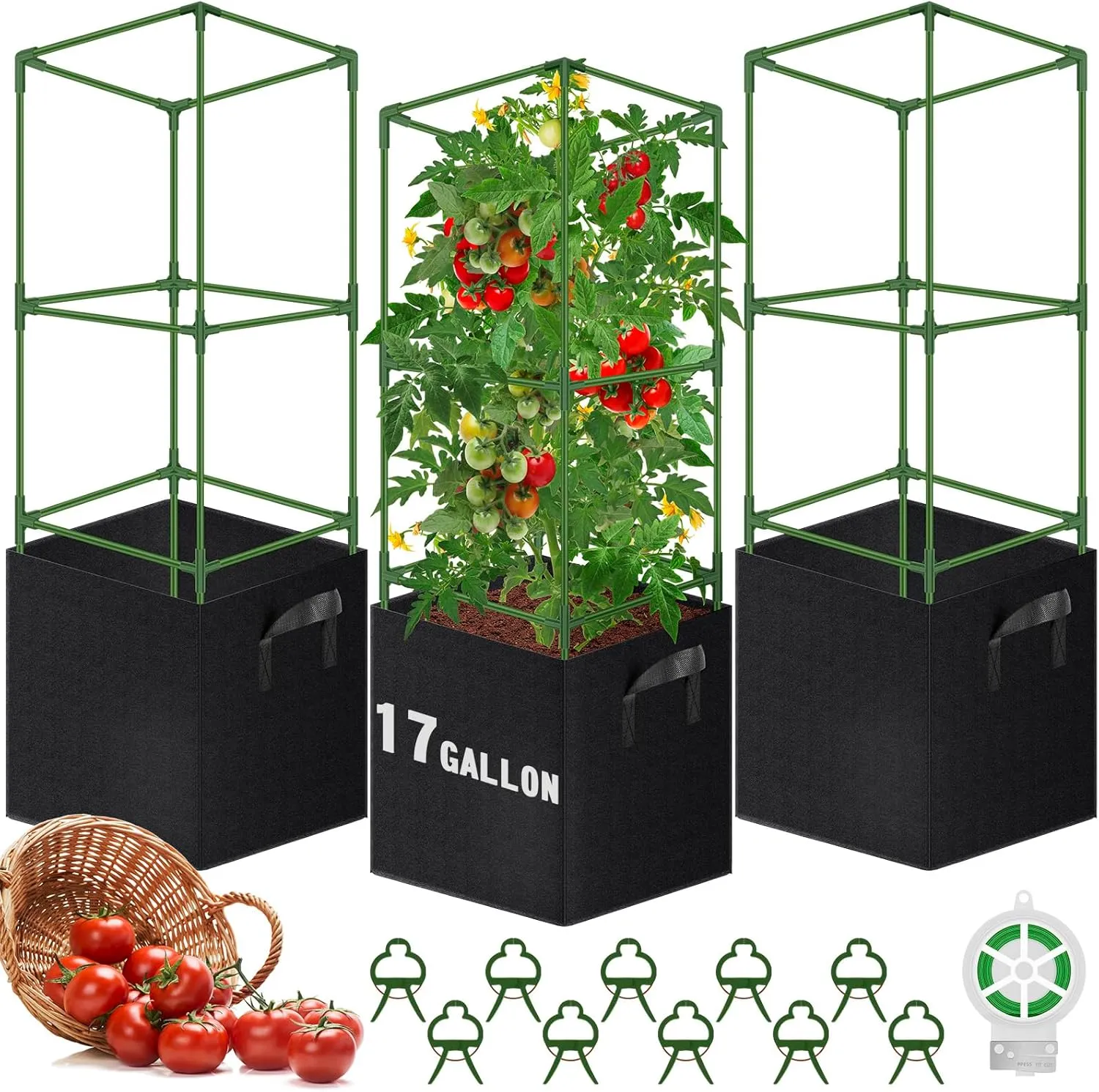 3 Pack Square Tomato Cages with 17 Gallon Grow Bags, 46'' Upgraded Heavy Duty Steel Garden Plant Support Stakes Kit, Flowers Vegetable Trellis for Vertical Climbing Plants Vines