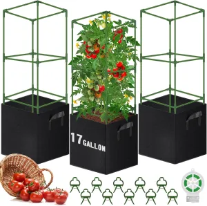3 Pack Square Tomato Cages with 17 Gallon Grow Bags, 46'' Upgraded Heavy Duty Steel Garden Plant Support Stakes Kit, Flowers Vegetable Trellis for Vertical Climbing Plants Vines