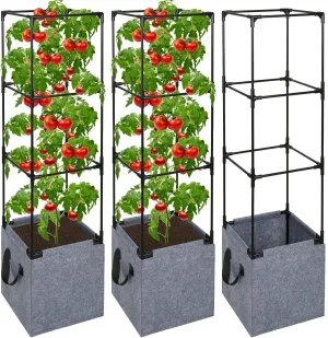 3 Pack Square Tomato Cages with Grow Bags, 42.5 Inch Stable Square Tomato Planter Support Stakes Kit for Garden, Tomato Cages Trellis Pots for Climbing Vegetables Fruits Vines Flowers